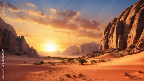 Sunset in desert. Scenic sunset in Wadi Rum desert  Jordan