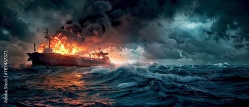 Dramatic seascape with burning ship in tumultuous ocean, a cinematic display of disaster and beauty. Vivid storytelling through imagery. AI