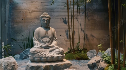 A lifesized sculpture of a meditating Buddha sits in a tranquil corner of the exhibit. Its smooth serene expression and contemplative pose emit a peaceful energy encouraging visitors . photo