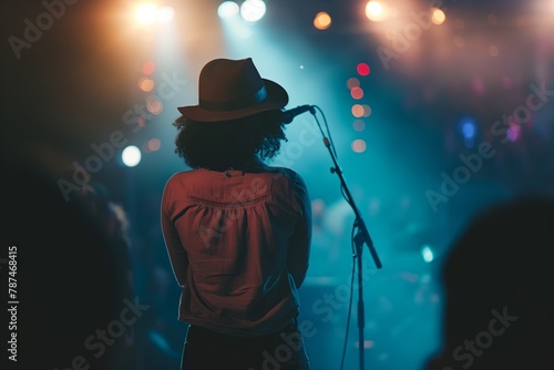 Female Performer Facing Concert Crowd with Stage Lights photo