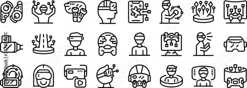 Video game virtual reality icons set outline vector. Male character. VR headset