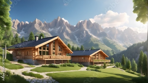 A photorealistic depiction of eco wooden houses/cabins nestled in the mountain Alps during summer, showcasing a serene landscape ideal for relaxation and vacation.