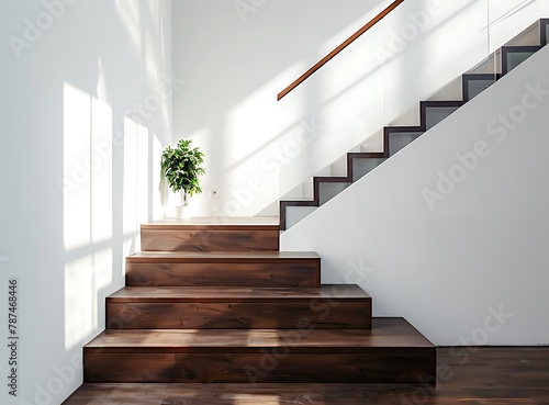 Modern interior of a house with a staircase made from dark wood and a glass handrail