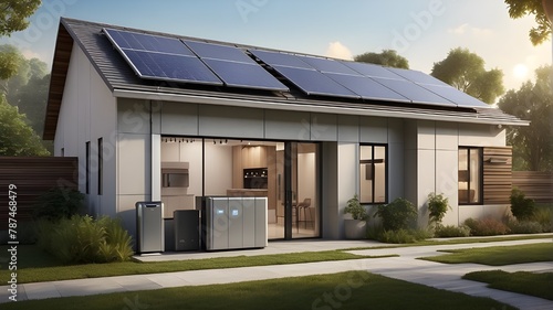 A photorealistic depiction of a solar backup battery bank installed on the exterior wall of a sustainable home, showcasing Lithium batteries designed to provide sustainable electricity and power to th