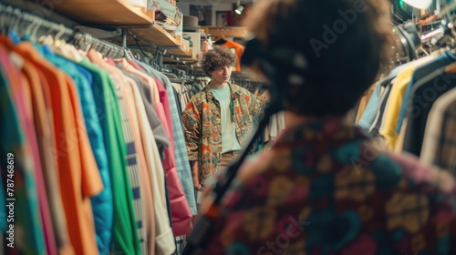 A customer is viewing outerwear in a retail clothing store in the city, exploring different options for her wardrobe. AIG41