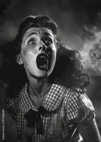 Black and white vintage-style portrait of a woman in terror, with a dramatic expression of fear