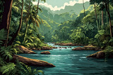An epic adventure through the untamed wilderness of the tropical jungle, with towering trees, winding rivers, and hidden treasures waiting to be discovered in vector art illustration images.

