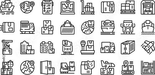 Airplane transport logistics icons set outline vector. Delivery distribution. Supply chain