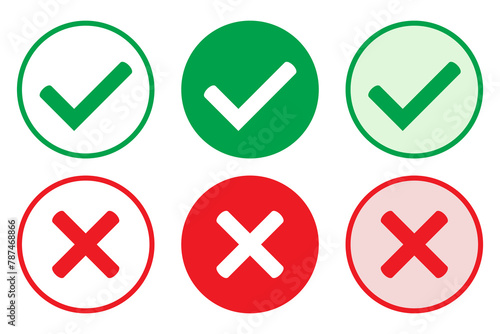 Right or wrong icons. Green tick and red cross checkmarks in circle flat icons. Yes or no symbol, approved or rejected icon for user interface.
