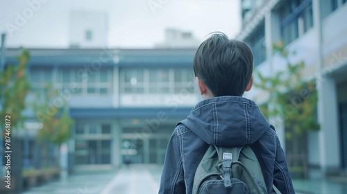 A lonely back view of an Asian boy in front of a school daytime photo