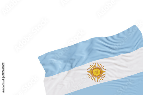 Realistic flag of Argentina with folds, on transparent background. Footer, corner design element. Cut out. Perfect for patriotic themes or national event promotions. Empty, copy space. 3D render.