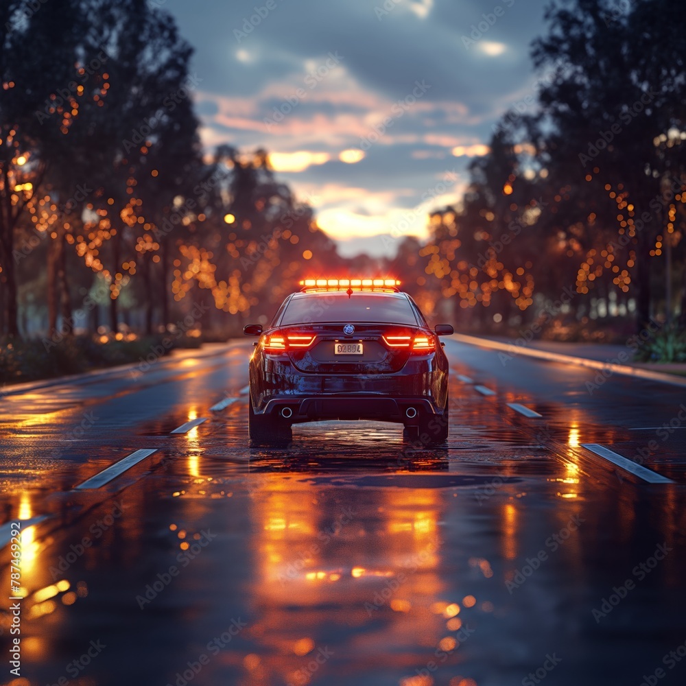 Police cars with flashing lights are racing along a forest road at night Police cars with flashing lights are racing along a forest road at night