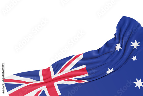 Realistic flag of Australia with folds, on transparent background. Footer, corner design element. Cut out. Perfect for patriotic themes or national event promotions. Empty, copy space. 3D render.