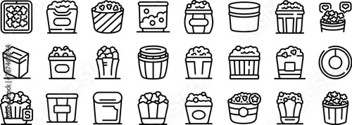 Bucket popcorn icons set outline vector. Snack watching tv. Medium package