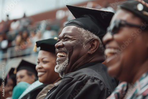A proud African-American dad applauding and cheering at a graduation ceremony. photo