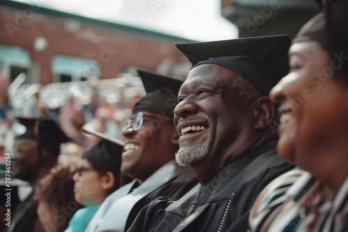 A proud African-American dad applauding and cheering at a graduation ceremony photo