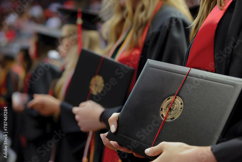 A close-up of graduates' hands holding their diplomas