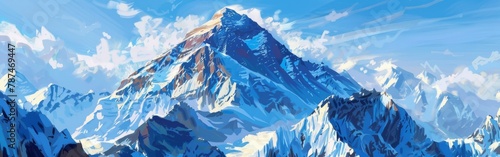 A painting of a mountain range with a large snow covered peak in the middle