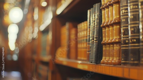 Dimly lit and out of focus the law librarys ornate wooden shelves hold an impressive collection of legal texts creating a scholarly and timeless atmosphere. .