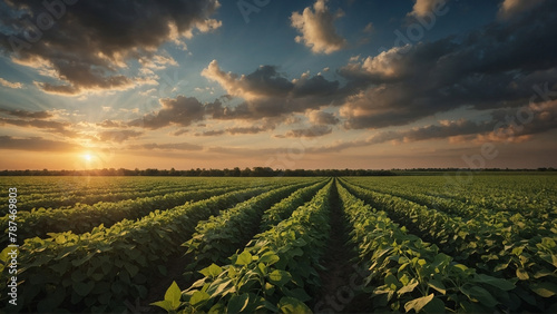Green soybean field at sunset cloudy sky background. Agricultural landscape