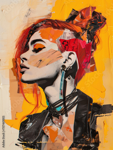 Stylish collage portrait of a woman with orange accents and a contemporary artistic vibe