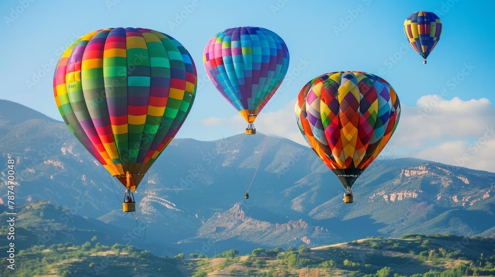 Obraz premium Illustration of couples enjoying parachuting together over scenic mountains