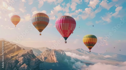 Illustration of couples enjoying parachuting together over scenic mountains