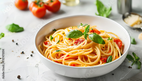 Bowl of tasty Italian pasta with cheese on light background