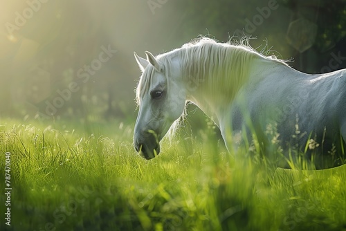 Beautiful white horse on green field