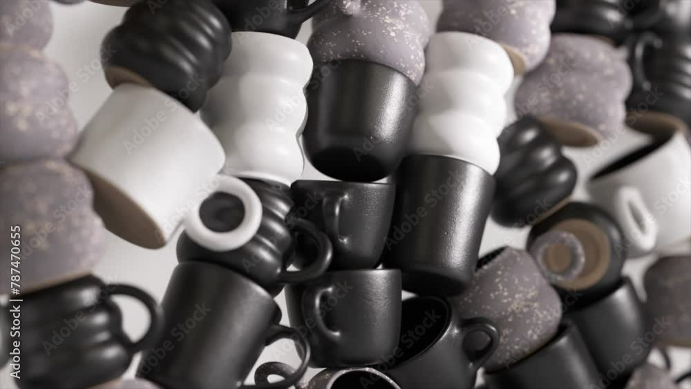 Close-up of monochrome speckled coffee cups 3D render Close-up of monochrome speckled coffee cups 3D render