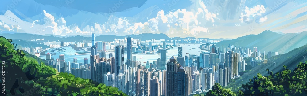 A cityscape with a large body of water in the background