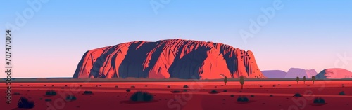 A desert landscape with a large red rock formation in the background