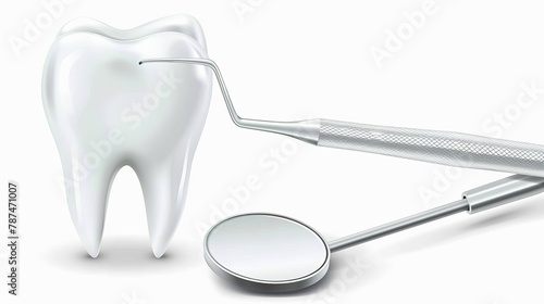 A highly detailed vector of a 3D realistic dental inspection mirror and a tooth icon  emphasizing precision and clarity