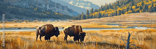Two buffalo are grazing in a field with a river in the background photo