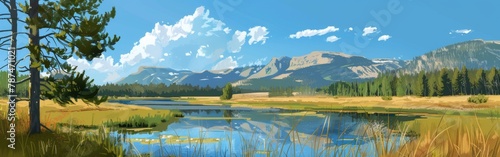 A painting of a lake with mountains in the background