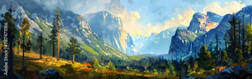 A painting of a mountain range with a blue sky and a few trees