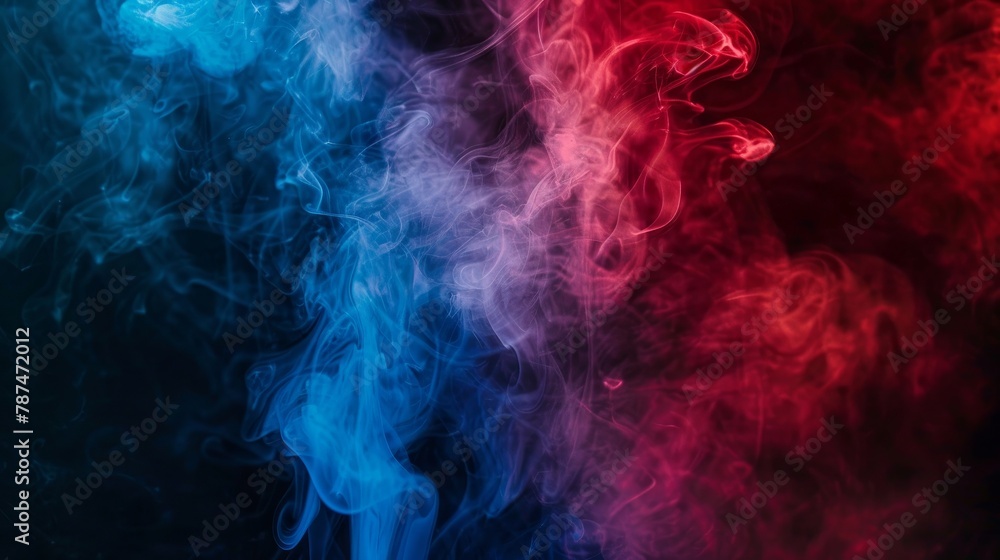 Dramatic artificial smoke illuminated by red and blue lights against a dark background, creating a mysterious ambiance Dramatic artificial smoke illuminated by red and blue lights against a dark background, creating a mysterious ambiance
