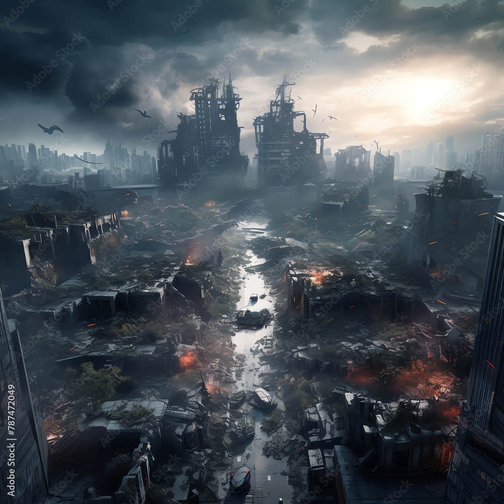 Craft a dystopian cityscape in a birds-eye view portraying harsh ...
