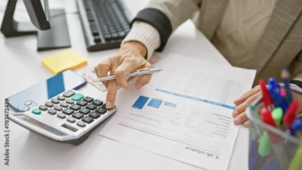 A businesswoman reviews financial documents and uses a calculator in an office setting, highlighting paperwork, analysis, and currency. A businesswoman reviews financial documents and uses a calculator in an office setting, highlighting paperwork, analysis, and currency.