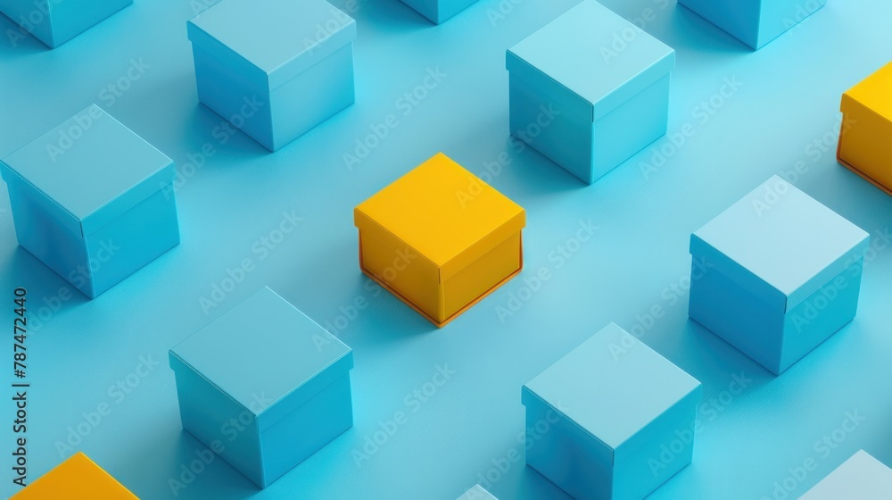 A visually striking image of an outstanding yellow box placed among a series of blue boxes on a light blue background A visually striking image of an outstanding yellow box placed among a series of blue boxes on a light blue background