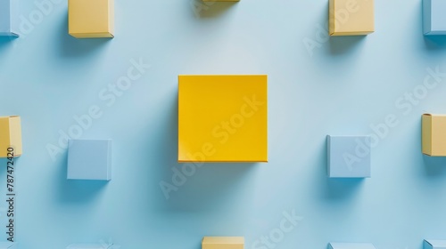 A visually striking image of an outstanding yellow box placed among a series of blue boxes on a light blue background