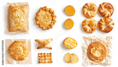 Collage of baking paper with fresh pastry and roasted potatoes on white background