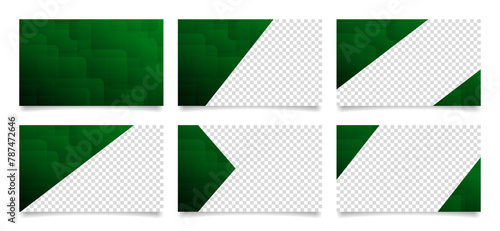 Set of green presentation slides. Abstract business card templates with transparent space. Background with trendy geometric pattern, rounded squares, gradient shades