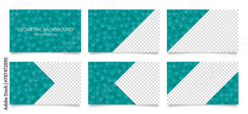 Set of teal green presentation slides. Abstract business card templates with transparent space. Background with checkered texture, trendy geometric pattern, 3d cubes, roof tiles