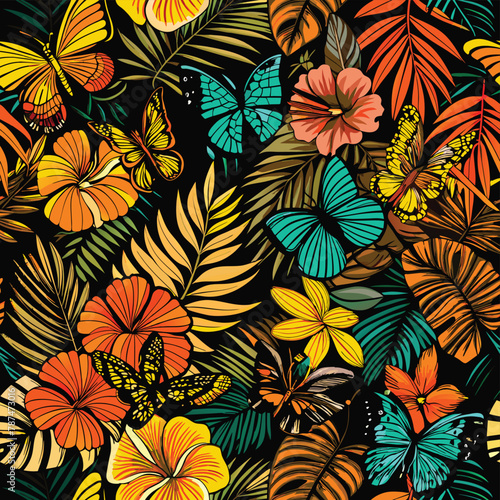 Seamless flowers .  Butterflies tropical pattern.