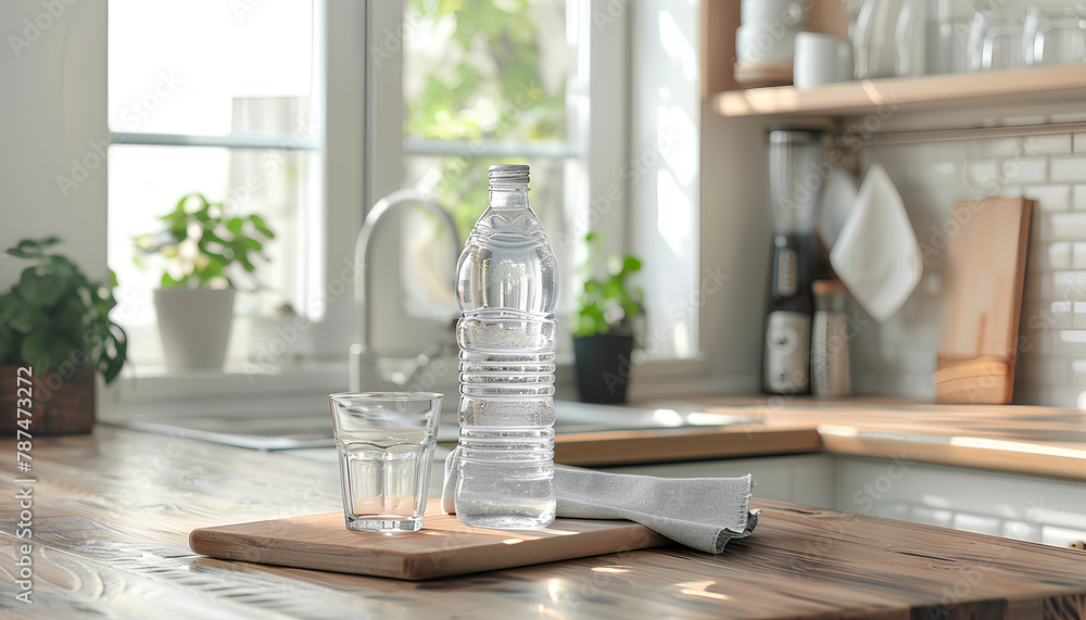 Board with bottle of water, glass and napkin on table in kitchen Board with bottle of water, glass and napkin on table in kitchen