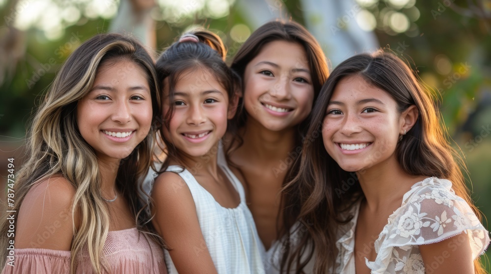 Portrait of a nice young mother with pleasure spending time with her three precious kids, everyone hugging their lovely mom, having fun together, happy big family enjoying life