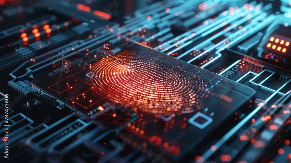 A futuristic image showing a computer screen with a digital interface measuring and identifying a bright fingerprint A futuristic image showing a computer screen with a digital interface measuring and identifying a bright fingerprint