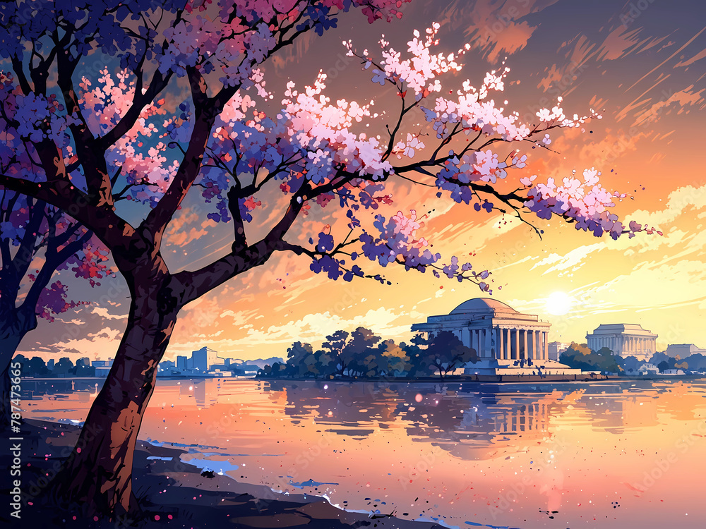Washington DC cherry blossoms with Jefferson Memorial and reflections in the waters of the Tidal Basin. painting illustraion Washington DC cherry blossoms with Jefferson Memorial and reflections in the waters of the Tidal Basin. painting illustraion