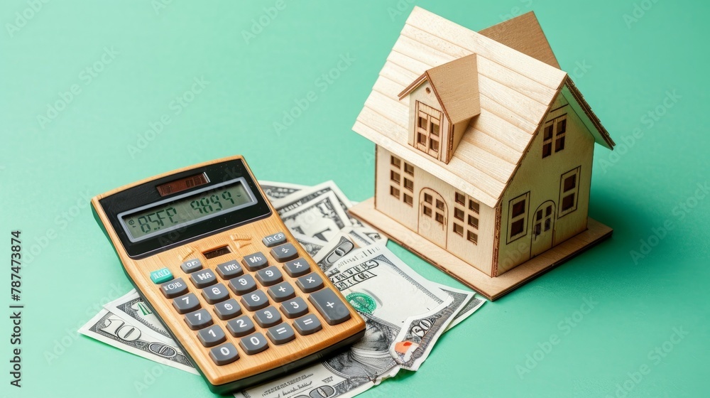 A conceptual image featuring a calculator, wooden house model, and money, representing financial planning in real estate A conceptual image featuring a calculator, wooden house model, and money, representing financial planning in real estate